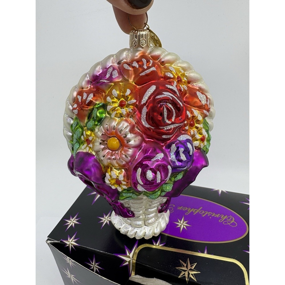 Christopher Radko May Basket Hand blown Glass Ornament Flower Bouquet VTG 2000